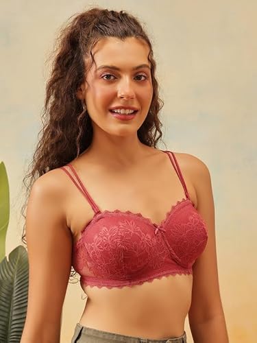 Clovia Women’s Peach Lace Bra – Padded, Underwired, with Adjustable Noodle Straps